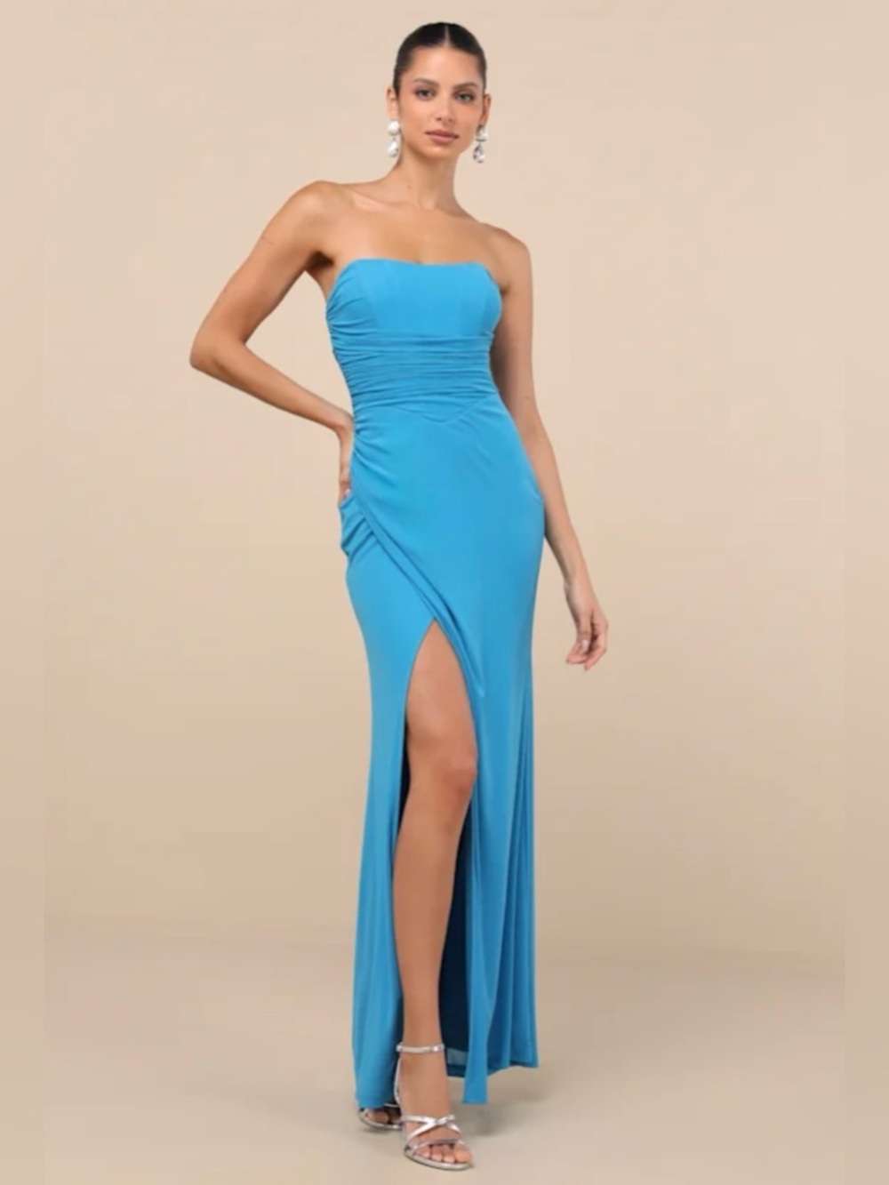 Strapless Turquoise Side-Slit Evening Gown